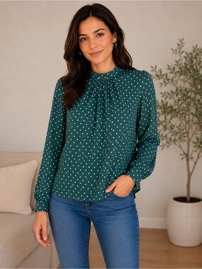 Amour Vert Teal Polka Dot Mock Neck Blouse